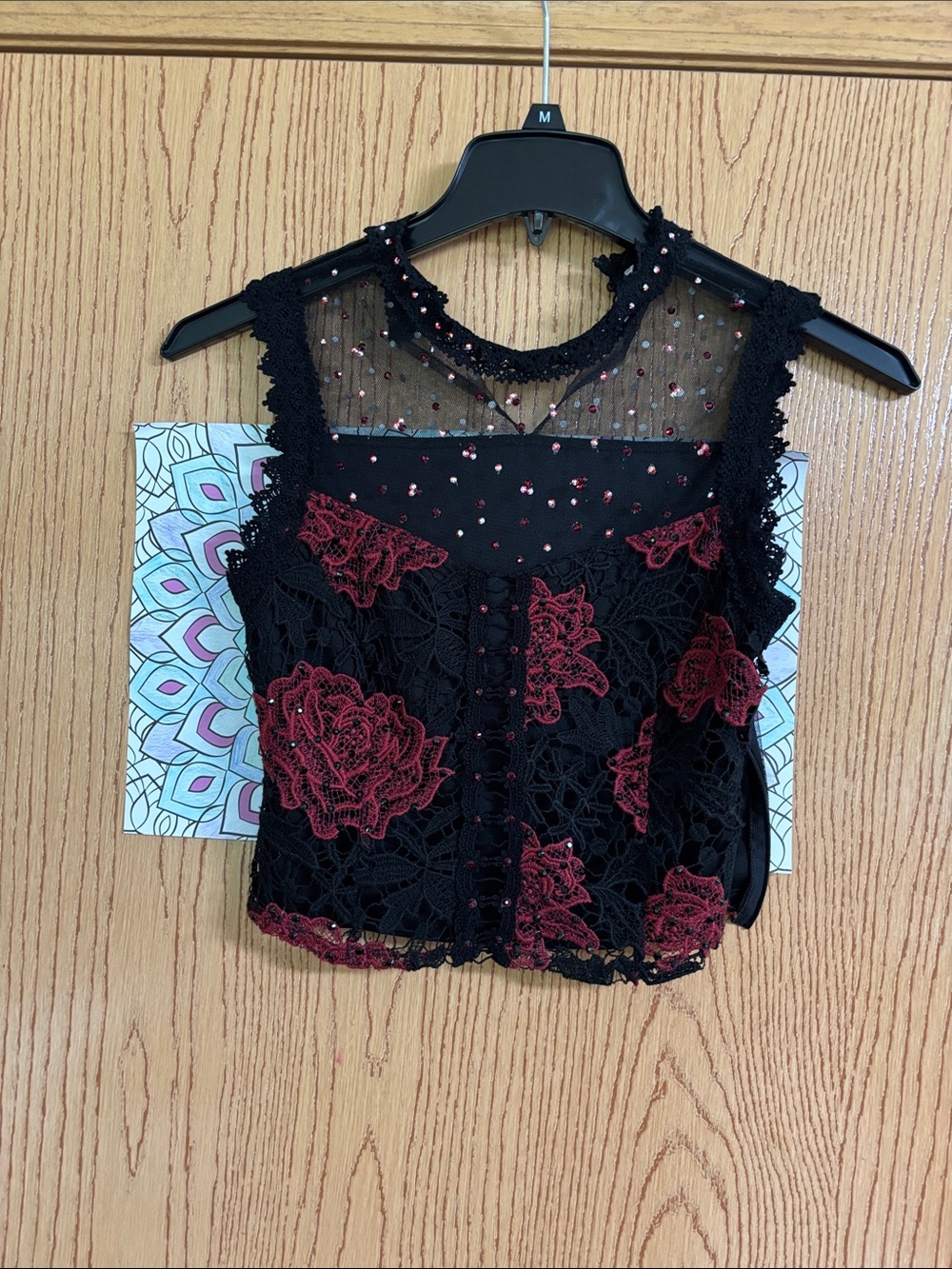 Forever 21 Black Lace Camisole with Red Rose Appliques